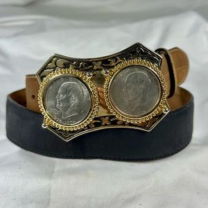 Vintage Eisenhower one dollar double coin buckle Justin black tan leather belt